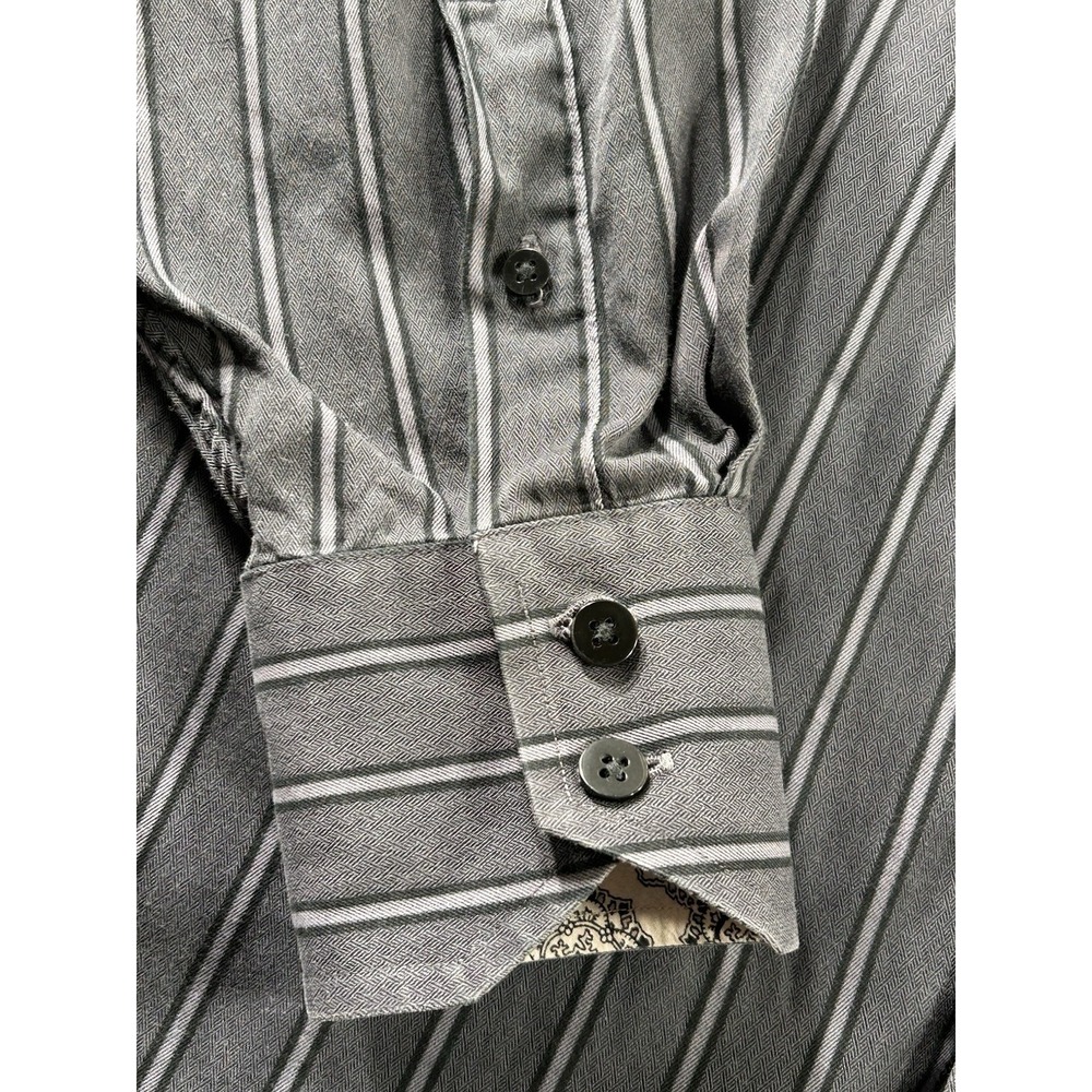 Thomas Dean Button Front Gray Striped Shirt Men's 16 1/2‎ R Broken Button Sleeve - Picture 2 of 10